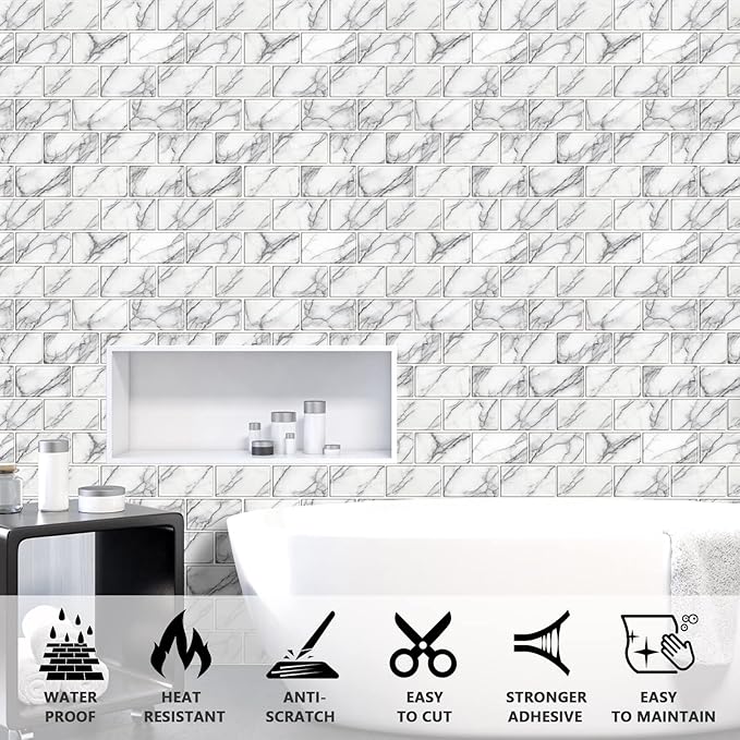 URCOLOR 10-Sheet backsplash Tile for Kitchen Peel and Stick,12"x12" Self Adhesive Subway Wall Tiles Stick on Back Splashes for Bathroom White Marble