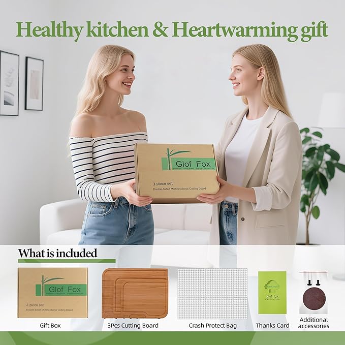 3-PCS Bamboo Cutting Board Set with Innovative Stand - Durable Double Sided Chopping Board with Juice Groove & Handle for Meal Prep, Meat, Fruit, Charcuterie Serving, Eco-Friendly Healthy Kitchen Gift