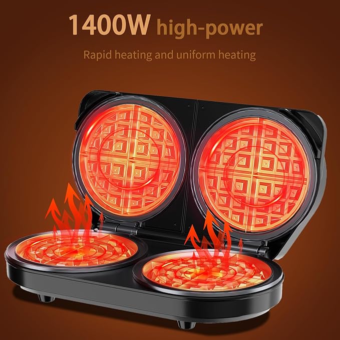 Double Waffle Maker 6 Inch, 1400W Belgian Waffle Maker for Breakfast and Snacks, Stainless Steel Waffle Iron with Nonstick Plates, Temperature Knob, Cool-Touch Handles