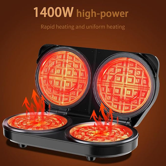 Double Waffle Maker 6 Inch, 1400W Belgian Waffle Maker for Breakfast and Snacks, Stainless Steel Waffle Iron with Nonstick Plates, Temperature Knob, Cool-Touch Handles