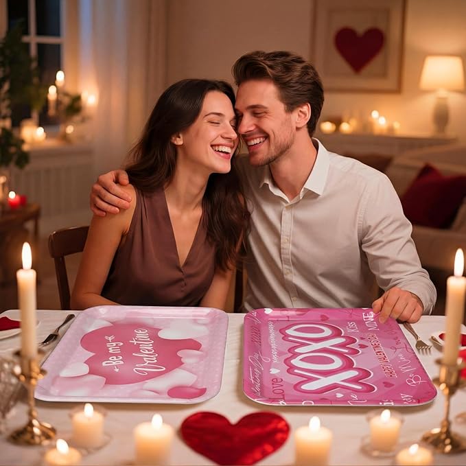 Vesici 4 Pack Valentine's Day Melamine Serving Trays, 13x10 Large Rectangular Platters for Party Food, Shatterproof Heart Cookie Plates for Appetizers, Romantic Dinner & Galentine's Kitchen Decor