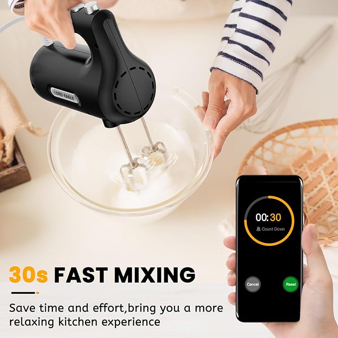 Lord Eagle 5-Speed Hand Mixer Electric Heldhand, 300W Compact Mixer for Baking, Egg Beater, Blending or Cooking, Portable & Lightweight, 5 Accessories, Black