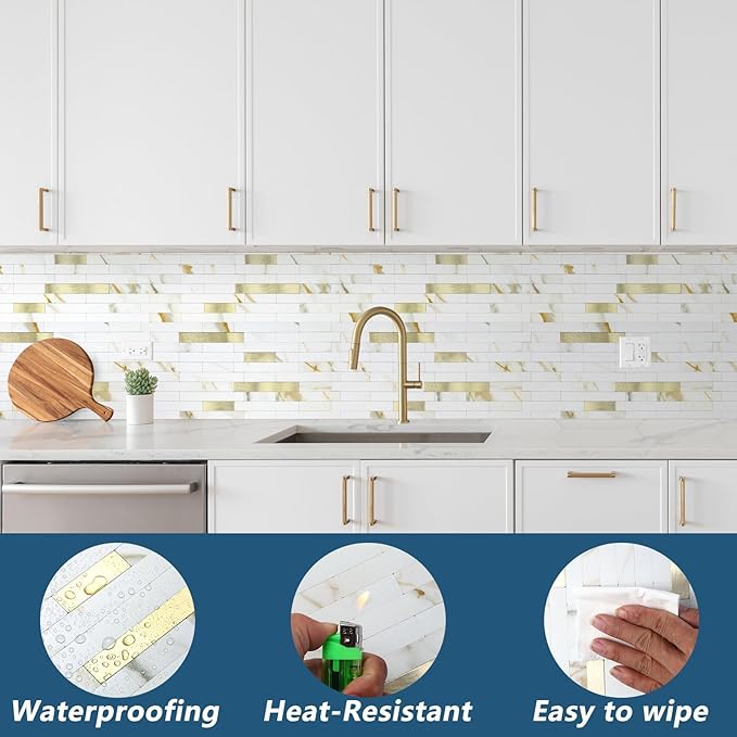 Yipscazo 40 Sheets Peel and Stick Stone Metal Backsplash, PVC Wall Tiles Stick on Tiles for Backsplash Kitchen, Bathroom, Fireplace (6'' X 12'', Calar Golden)