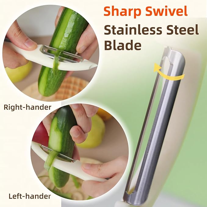 Stainless Steel Vegetable and Fruit Peeler, Swivel Straight Peeled Gadget for Kitchen - Ideal Carrot Cucumber Potato Peeler with Ergonomic, Non-Slip and Cute Handle (Ivory White)