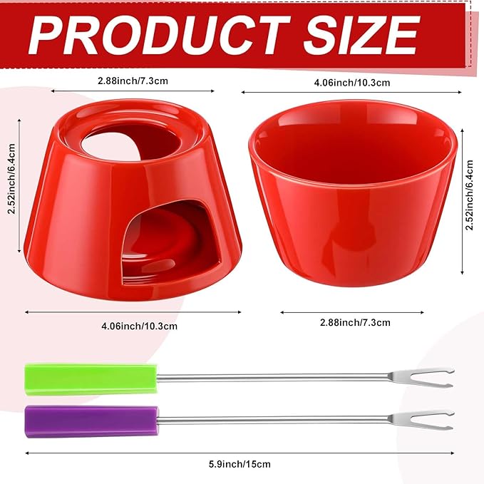 Mudder 8 Pcs Mini Fondue Pot Set with 32 Color Coded Forks Valentine's Individual Porcelain Tea Light Melting Mugs for Chocolate Cheese Dessert Small Fondue Pot for Tapas Gifting(Red White)