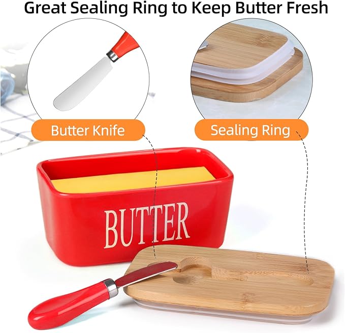 Ceramic Butter Dish with Wooden Lid, Large Butters Container Keeper Storage with Stainless Steel Knife Spreader, Bamboo Cover and Silicone Sealing Ring for West East Coast, Red