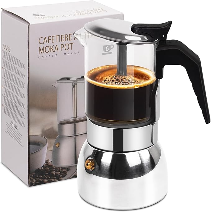 Vaolvpant 6 Cup Glass Clear Moka Pot Thickened 304 Stainless Steel Stovetop Espresso Maker Italian Coffee Machine 300ml 10.6oz Classic Mocha Cafe Greca Coffee Suitable for Gas Induction