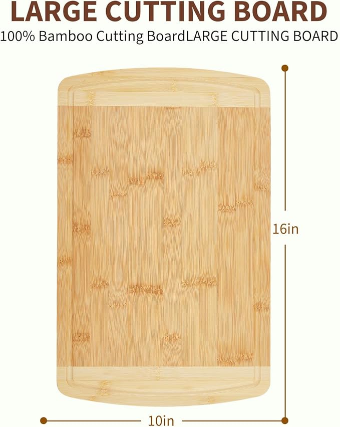 Bamboo Cutting Board, 16x10 in, 1 in Thick Wood Cheese Charcuterie Board with Deep Juice Groove & Built in Handle, Butcher Chopping Block for Kitchen