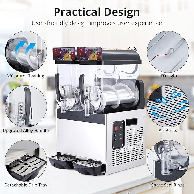 Black 15 L*2 700W Commercial Slushy Machine - Self-Cleaning Stainless Steel Frozen Drink Margarita Ice Cream Maker for Snow Melts, Cocktails - Ideal for Homes, Coffee Shops,and Restaurants