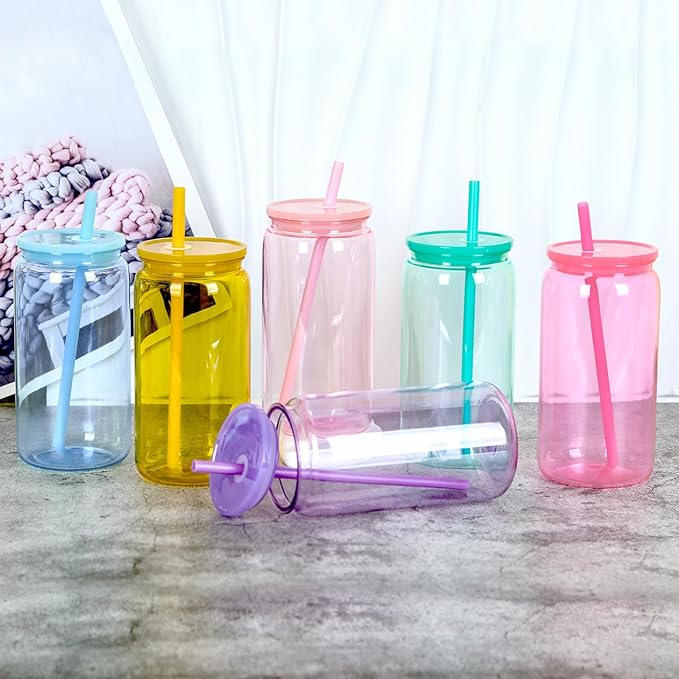 16 Oz Acrylic Plastic Can Tumbler, 6 Pack Colorful Plastic Cup Beer Can, Plastic Mason Jar with Colorful Lid