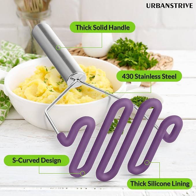 Urbanstrive Non-Scratch Silicone Potato Masher Kitchen Tool, Potatoes Masher Potato Masher Stainless Steel Wrapped In Premium Silicone, Potato Smasher, Purple