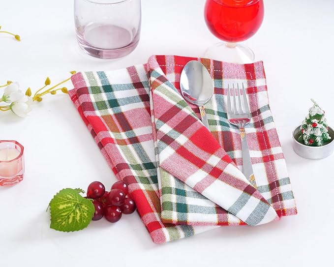 Blue Needles Gingham Buffalo Plaid Cloth Napkins 100% Cotton Set of 12 Dinner Table Napkins 18x18 inch Soft, Reusable, Washable Perfect for Valentine's Day Parties & Everyday Use - Gold, Red & Green
