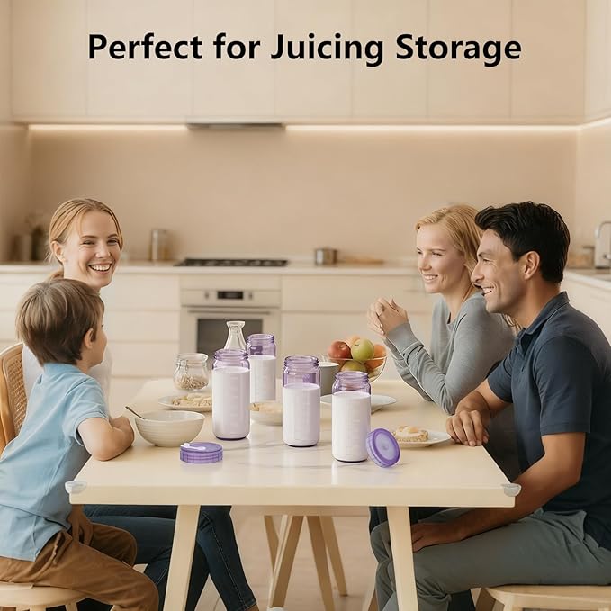 Ruckae 16oz 10 Pack Glass Juice Bottles with Dual Scale, Reusable Glass Bottles with Hole Lids and Straws Mason Jar for Juicing, Smoothies, Kombucha - Water Bottle for Fridge or Gym (Purple)