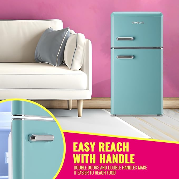 DEMULELR Retro Mini Fridge Dual Door Refrigerator with Freezer, 3.5 Cu.ft Small Refrigerator with Handle, Adjustable Temperature & Removable Glass Shelves, for Apartment/Dorm/Office/RV, BLUE