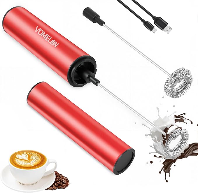 VOMELON Milk Frother, Rechargeable Battery Operated Frother for Coffee,Portable Drink Mixer with 2 Stainless Steel Whisk Heads,Milk Foamer for Keto Coffee, Latte, Cappuccino, Hot Chocolate,Rube Red