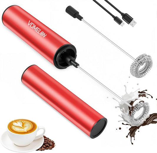 VOMELON Milk Frother, Rechargeable Battery Operated Frother for Coffee,Portable Drink Mixer with 2 Stainless Steel Whisk Heads,Milk Foamer for Keto Coffee, Latte, Cappuccino, Hot Chocolate,Rube Red
