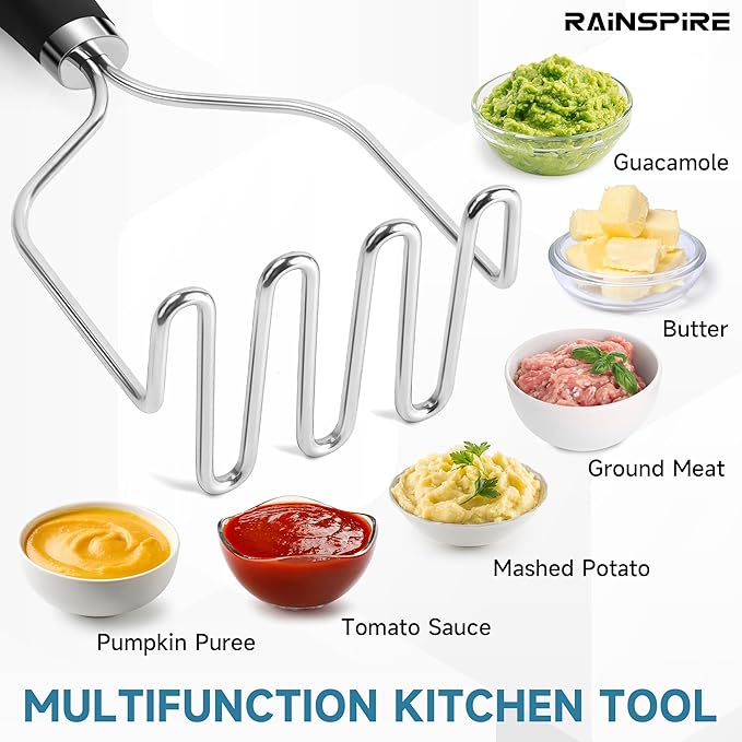 Rainspire Potato Masher Stainless Steel, Mashed Potato Masher Kitchen Tool, Durable Mash Potatoes Masher, Soft Non-slip Handle, Kitchen Utensils, Kitchen Gadgets (Black)