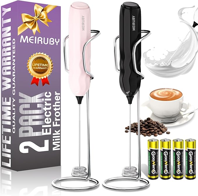 MEIRUBY 2-Pack Handheld Milk Frother with Stand, Powerful Electric Foam Maker, Coffee Lover Gift for Lattes, Cappuccino, Matcha & Hot Chocolate, Black/Pink