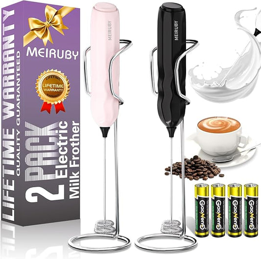 MEIRUBY 2-Pack Handheld Milk Frother with Stand, Powerful Electric Foam Maker, Coffee Lover Gift for Lattes, Cappuccino, Matcha & Hot Chocolate, Black/Pink