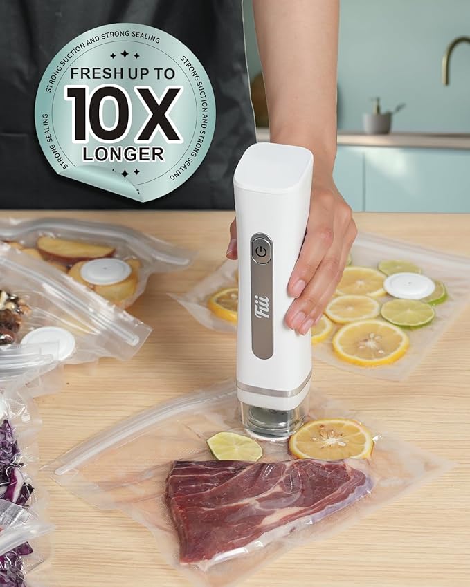 FIII Compact Handheld Vacuum Sealer for Food, 10X Preservation Food Sealer Machine with Reusable Vacuum Bags, Portable Wireless Vacuum Sealer for Sous Vide & Meal Prep, White