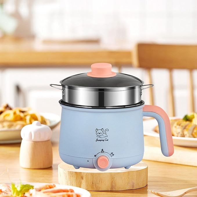 Mini Hot Pot 1.8L Ramen Cooker Multipurpose Cookware Cooking Pot Non Stick Portable Electric Pot Noodles Pot for Noodles Eggs, Pot Steel Steamer