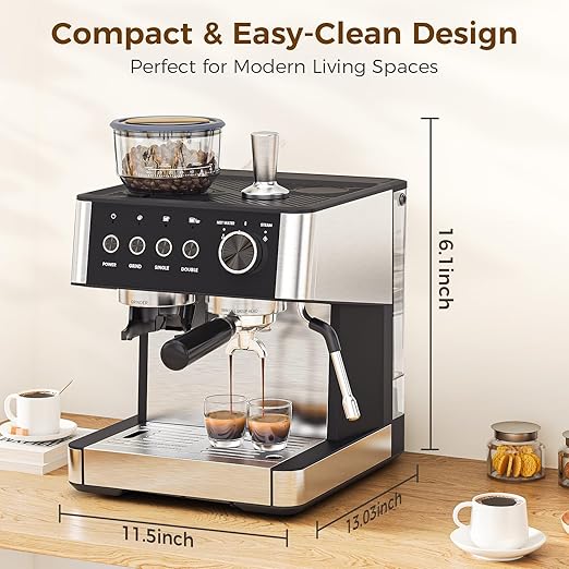 COWSAR (2025 New) Espresso Machines with Built-in Anti-Clog, 20 Bar Expresso Coffee Machines with Milk Frother Steam Wand, Commercial Espresso Machine with Grinder for Latte, Cappuccino, Americano