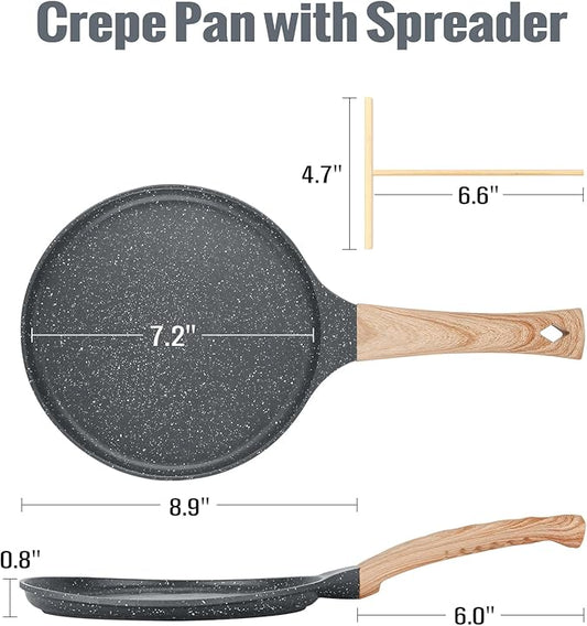 SouxMux Nonstick 8-Inch Crepe Pan with Spreader, Ceramic Coated Dosa Tawa Pan, Induction Compatible Flat Skillet for Pancakes, Omelettes, and More with Cool Handle, PFOA Free