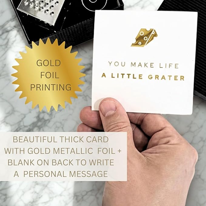Mini Cheese Grater Gift Set - Funny Chef Gift for Friends, Coworkers, or Foodies | “You Make Life a Little Grater” Card & Gift Box | Stainless Steel Kitchen Tool Ornament | Studio Rockwood