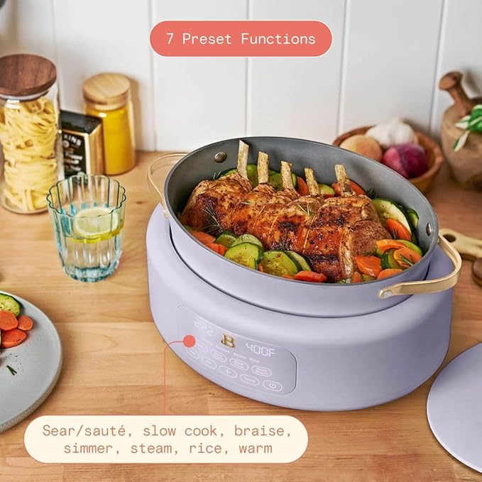 Beautiful 10-in-1 Electric Multi-Cooker, 6-Quart, Digital Display, Non-Stick Pot, One-Touch Control, 10 Cooking Functions (Lavender)