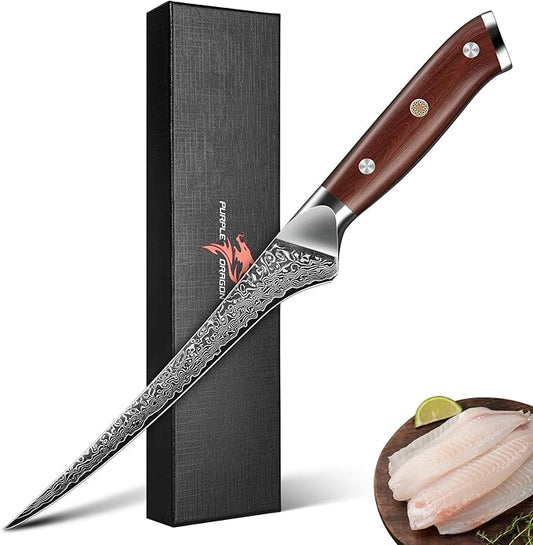 Purple Dragon Fillet Knife 7 Inch, Japanese Boning Meat Cutting Knives Razor-Sharp Meat Trimming Deboning – Professional Filet Fish Knife with Ergonomic Handle Christmas Gift for Men and Women