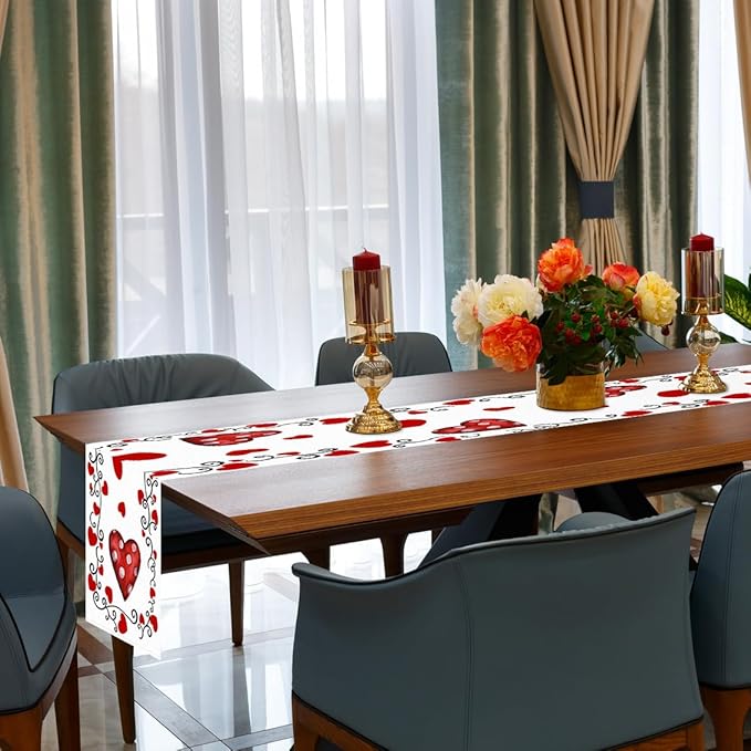 Valentine's Day Table Runner Linen Red Love Heart Table Runner Heart Floral Cloth Dresser Scarves Polka Dots, for Valentines Holiday Home Kitchen Dining Style Table Decoration (13*72 Inch)