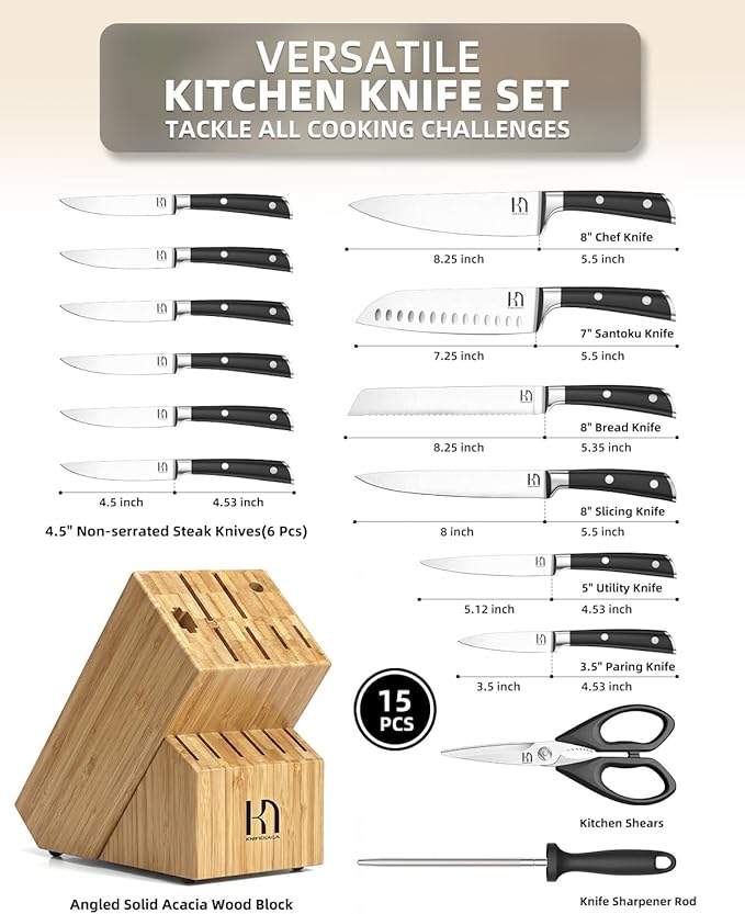 Knife Set, 15 Pcs Knife Block Set, Enduring Razor-Sharp Japanese High Carbon Stainless Steel Chef Knife Set with Block and Sharpener, Premium Knives Set for Kitchen, Natural Bamboo Block