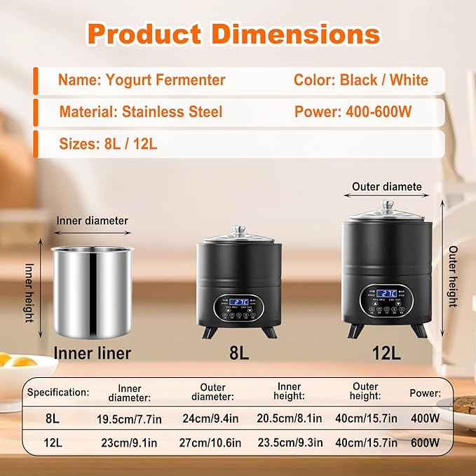8L/12L Yogurt Maker Machine, Yogurt Maker with Time and Temperature Control, Commercial Yogurt Maker, Black Garlic Fermentation Machine, Sweet Rice Wine Maker for Home White-8L