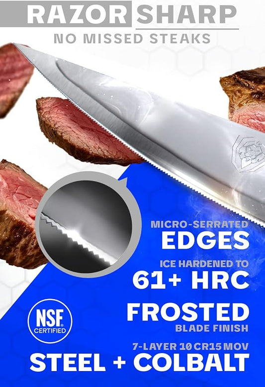 Dalstrong Steak Knife Set - 4 Piece - 4.5 inch Serrated Blade - Frost Fire Series - High Chromium Steel Kitchen Knife- Frosted Sandblast - White Honeycomb Handle - NSF Certified