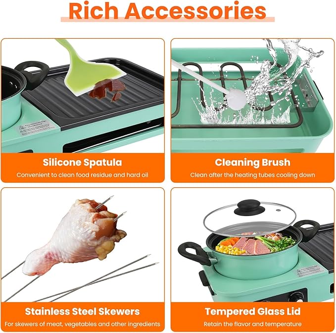 3-in-1 Electric Hot Pot with Grill & Fry Pan Combo - 1600W Fast Even Heating Non-stick Smokeless Indoor BBQ Grill - Easy to Clean - Dishwasher Safe - for 3-5 People