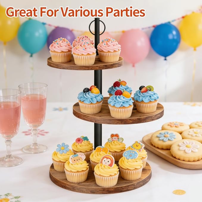 Cupcake Stand, 3 Tier Cupcake Stand Rustic Dessert Table Display Set Wood Cupcake Tower Cake Stand Tiered Tray Stand for Wedding Birthday Baby Shower 3 Pack