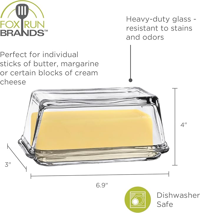Fox Run Glass Butter Dish With Cover, Clear Butter Dish For The Counter or Refrigerator