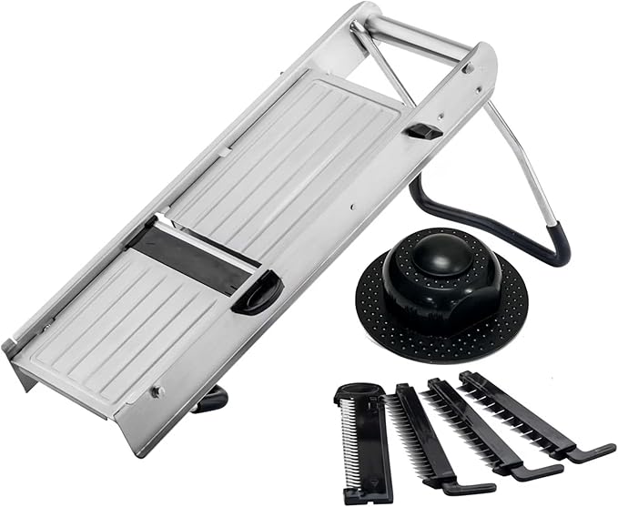 TableCraft 12629 Mandoline Slicer Set, Stainless Steel Adjustable Vegetable Slicer with 5 Interchangeable Blades, Non-Skid Folding Stand, Dishwasher Safe, Commercial Prep Tool