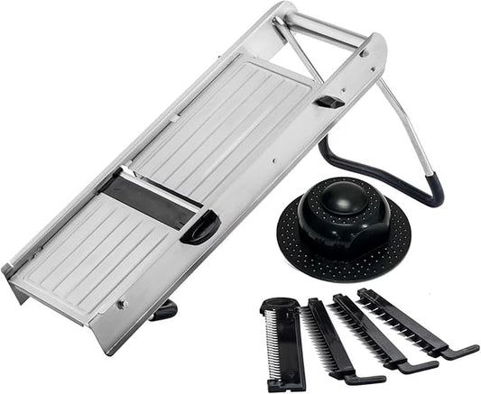 TableCraft 12629 Mandoline Slicer Set, Stainless Steel Adjustable Vegetable Slicer with 5 Interchangeable Blades, Non-Skid Folding Stand, Dishwasher Safe, Commercial Prep Tool