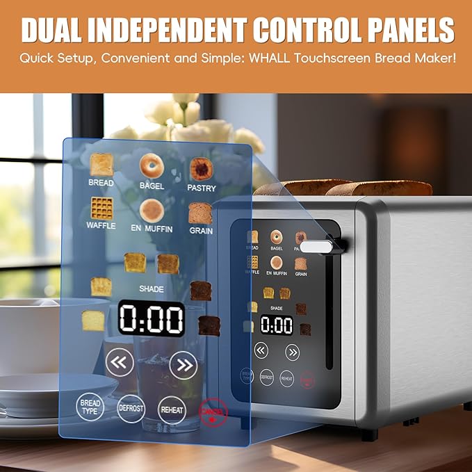 WUNLY Touch screen Toaster 2 slice,Stainless Steel Digital Timer Toasters with Sound Function,6 Bread Types & 6 Shade Settings,Smart Extra Wide Slots Toaster with Bagel,Defrost Functions,Platinum