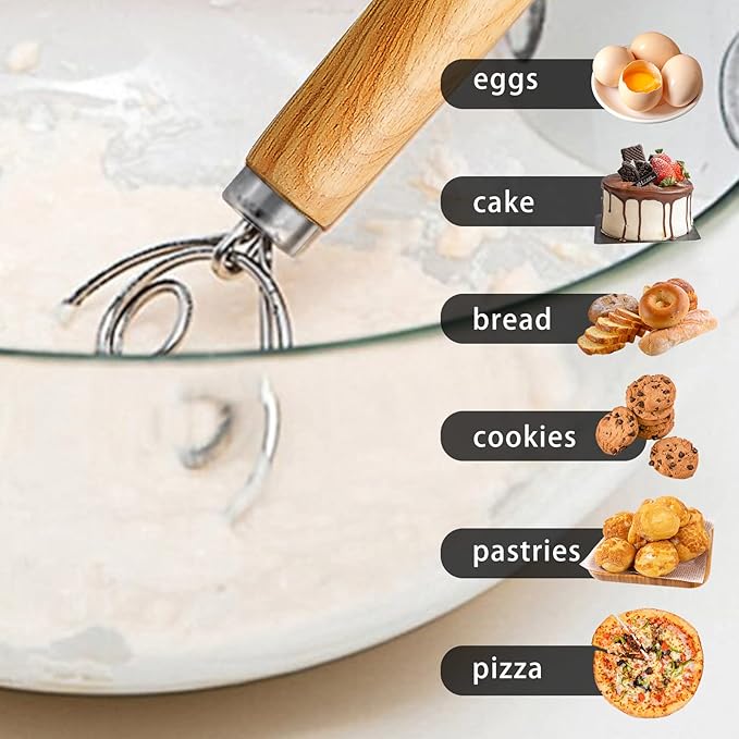 TEEVEA Danish Dough Whisk for Bread Sourdough, Wooden Handle & Stainless Steel Hook