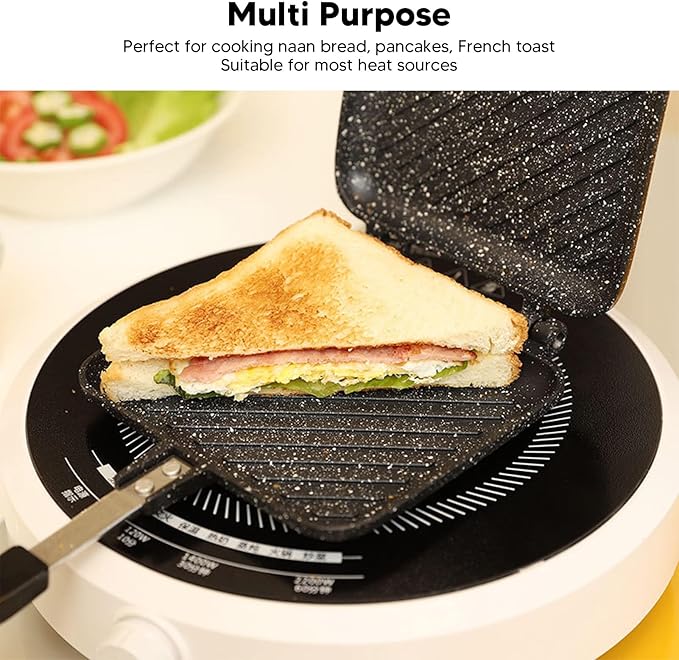 Double Sided Breakfast Sandwich Maker,Anti Stick Sandwich Maker Press Flip Pan,Aluminium Alloy Grilled Cheese Maker,Waffle Pan,Panini Maker Pan,Pie Irons for Camping