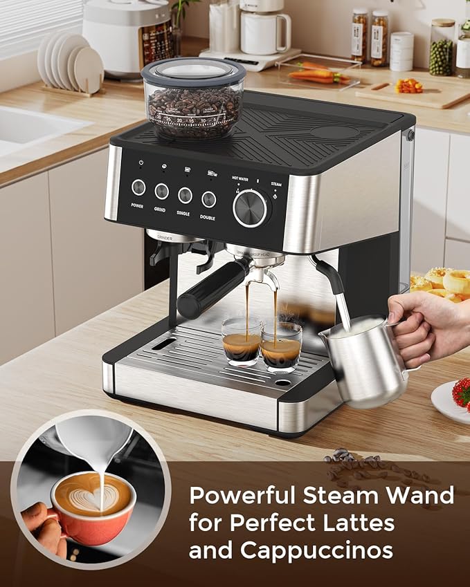 (2025 Upgrade)15 Bar Espresso Machine with Built-in Anti-Clog Coffee Grinder, Expresso Coffee Machines with Milk Steam Wand/Frother/Tamping Tools,Espresso Maker with Grinder for Lattes-Deep Black