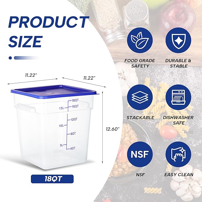 STEELUS 4 Pack Food Storage Containers, 18 Quart with Lids, Square Commercial Containers with Scale, Clear NSF Food Organizing, Polycarbonate