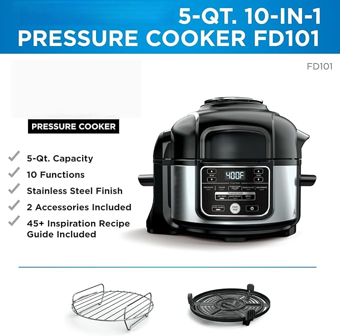 Ninja 10-in-1 5-Qt Pressure Cooker & Air Fryer Multi-Cooker, Steam, Bake/Roast, Broil, Slow Cook, Sear/Sauté & Dehydrate, Nonstick Pot, Stainless Steel, TenderCrisp Lid, Easy Clean