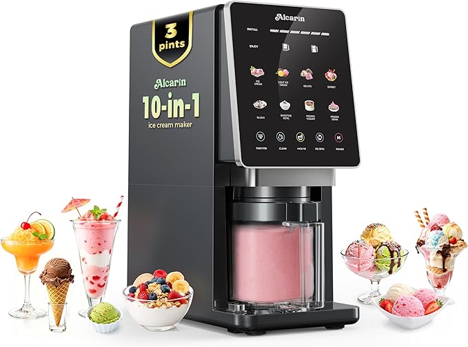 Alcarin Electric Ice Cream Maker Machine for Homemade, Frozen Treat, Gelato, Yorgurt, Sorbet, Mix-in & More, 10 One-Touch Programs with 3 Pints, Keto, Vegan, Dairy-Free Options