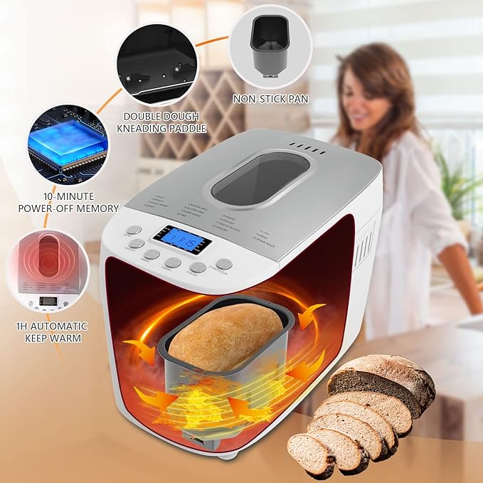 Davivy 3.3LB Bread Maker – 15-in-1 Automatic Bread Machine with Silicone Baking Gloves, Dual Kneading Paddles, Nonstick Pan, 15-Hour Delay Timer, 3 Loaf Sizes & 3 Crust, Nut Add-In Reminder