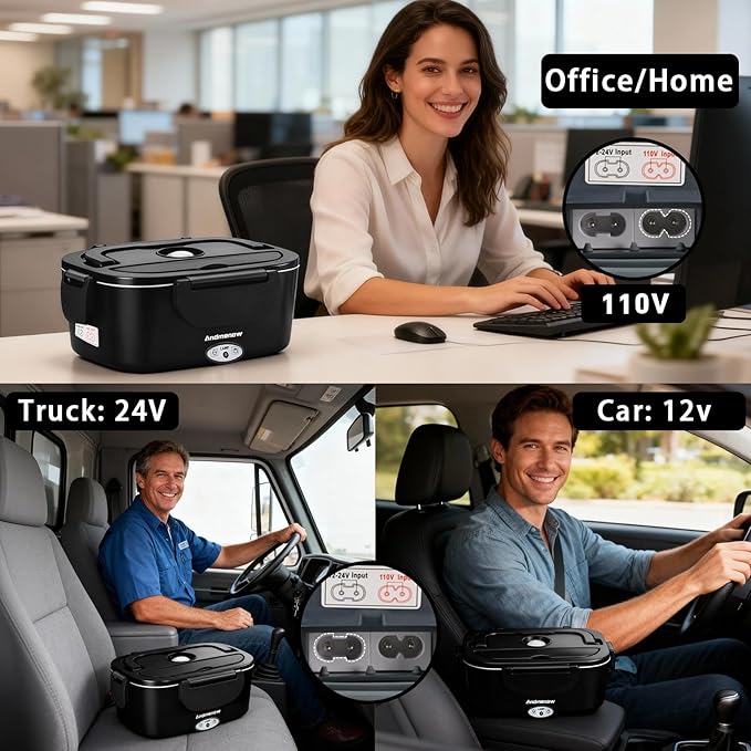 Electric Lunch Box 80W Food Heater with Dual Container, Portable Lunch Warmer for Adults, Upgraded Heated Lunch Box for Car/Truck/Office,110/24/12V 1.5L