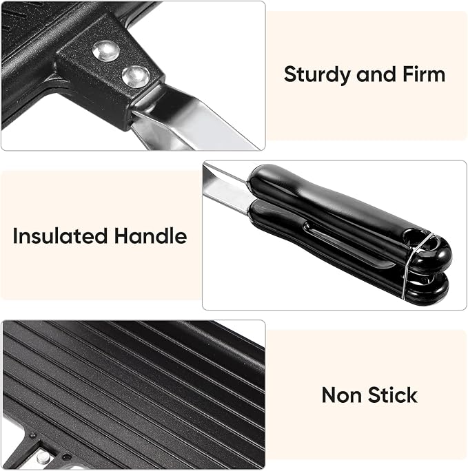 VOSAREA Sandwich Maker Grilled Sandwich Maker Pan Non-Stick Hot with Long Handle Double Sided Frying Pan Stovetop Toasted for Home Kitchen Breakfast Camping (Black)