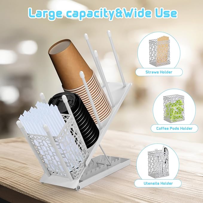 Coffee Cup Holder, Adjustable Cup Dispenser Lid Organizer Rack, 4 Compartment Disposable Paper Plastic Cup and Lid Dispenser with Straw Storage Basket for Coffee Bar Station Breakroom Countertop White